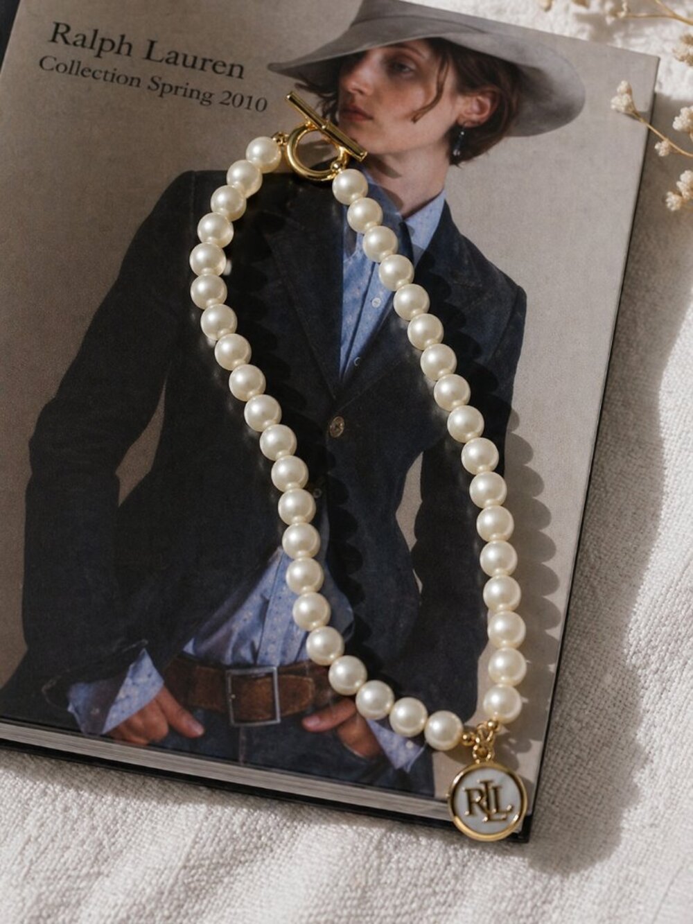Lauren Ralph Lauren Pearl Necklace Gold Toggle Charm Coastal Classic